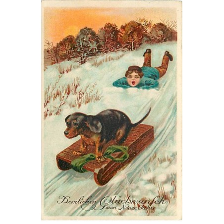 n°23167 - Nouvel An - Enfant regardant un teckel sur une luge