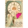 n°23172 - Carte Gaufrée - Prosit Neujahr - Fillette réglant une pendule avec un vieil homme