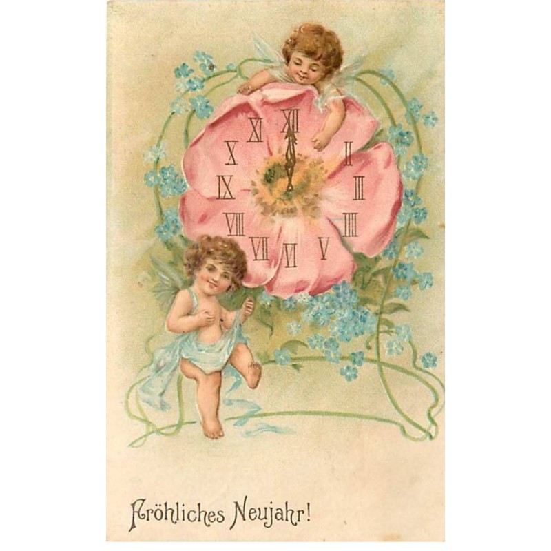 n°23174 - Carte Gaufrée - Fröhliches Neujahr - Anges autour d'une pendule en fleur