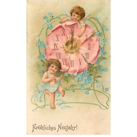 n°23174 - Carte Gaufrée - Fröhliches Neujahr - Anges autour d'une pendule en fleur