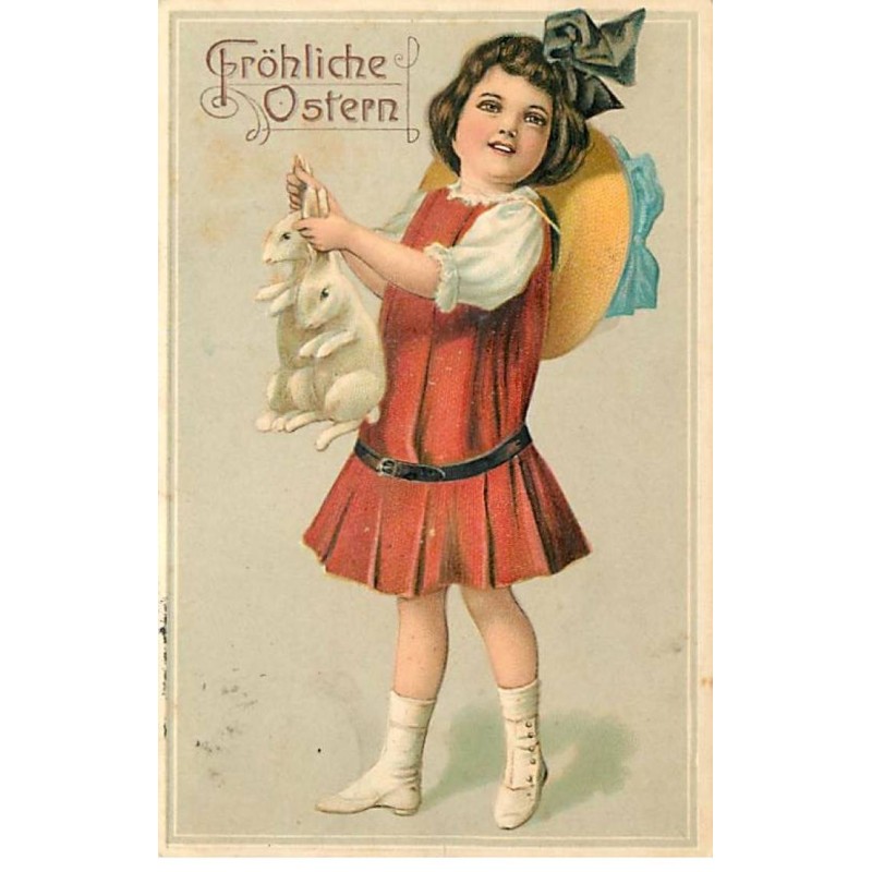 n°23177 - Carte Gaufrée - Pâques - Fröhliche Ostern - Fillette tenant par leurs oreilles des lapins