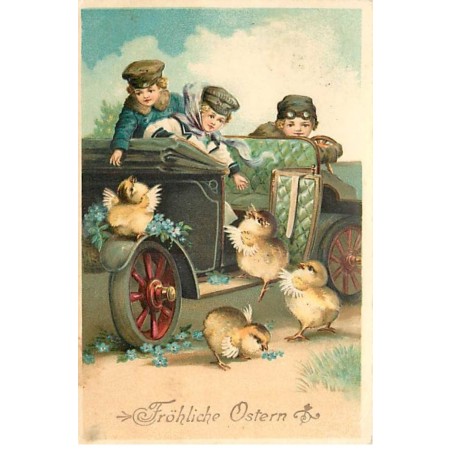n°23178 - Carte Gaufrée - Fröhliche Ostern - Poussins montant dans une voiture conduite par des enfants
