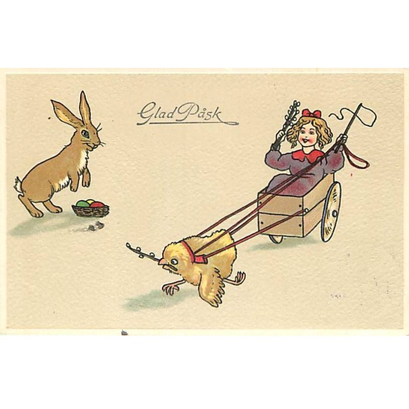 n°23179 - Carte Gaufrée - Glad Pask -Lièvre regardant une fillette dans une caisse en bois tirée par un poussin