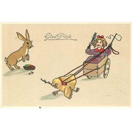 n°23179 - Carte Gaufrée - Glad Pask -Lièvre regardant une fillette dans une caisse en bois tirée par un poussin