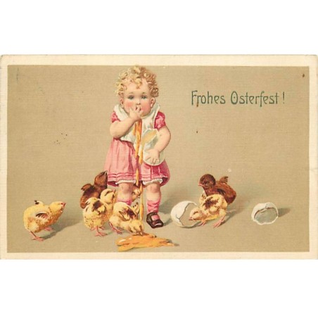n°23182 - Pâques - Frohes Osterfest - Fillette mangeant un oeuf au milieu de poussins