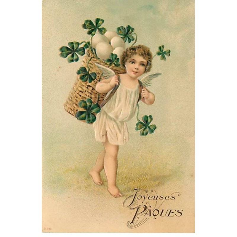 n°23185 - Carte Gaufrée - S 302 - Joyeuses Pâques - Ange portant des oeufs dans une hotte