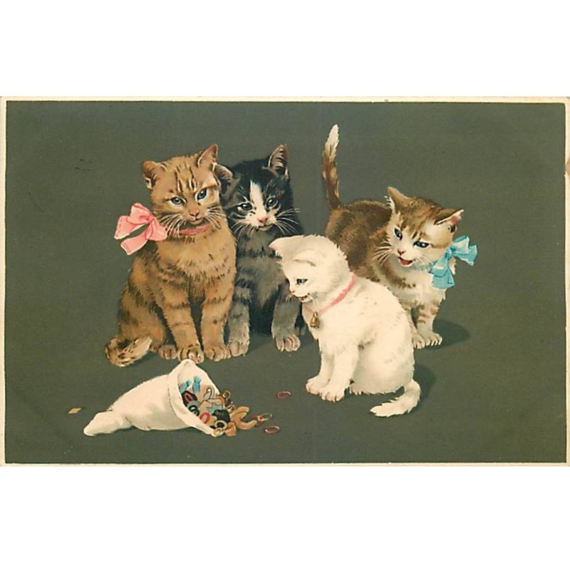 n°23189 - Meissner - Chats regardant un bonnet rempli d'objets - chat