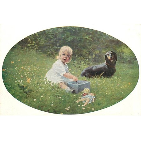 n°23191 - Paul Heckscher - Fillette assise dans l'herbe près d'un teckel