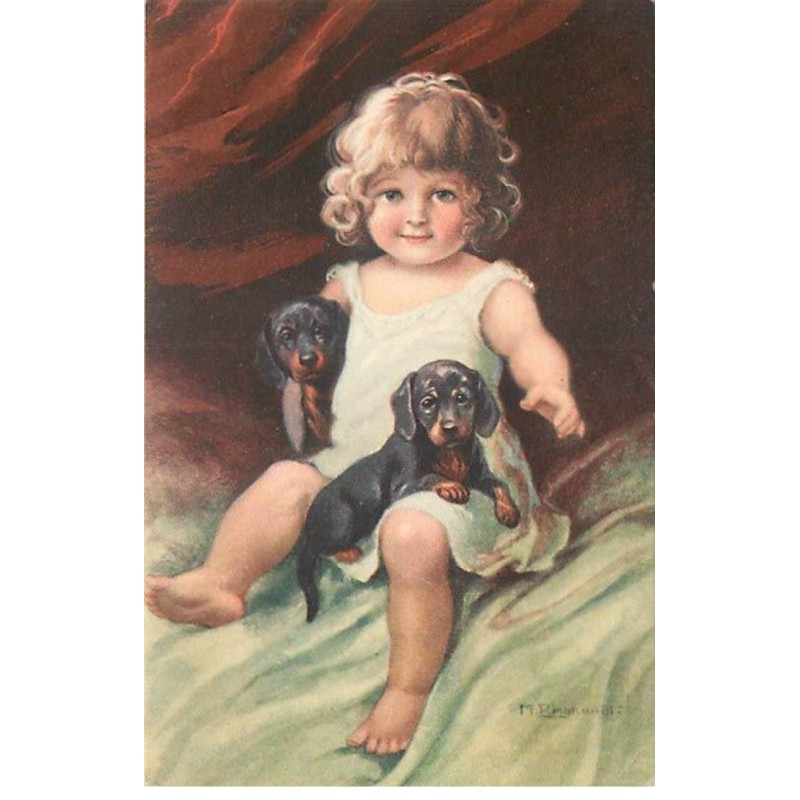 n°23192 - Fillette assise avec deux teckels - Dackel