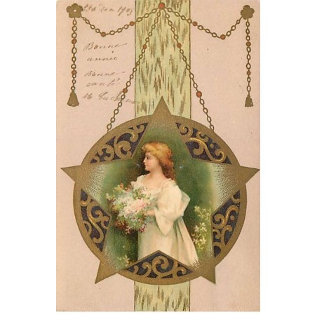 n°23199 - Clapsaddle - Jeune fille avec un bouquet au milieu d'une étoile dans un médaillon