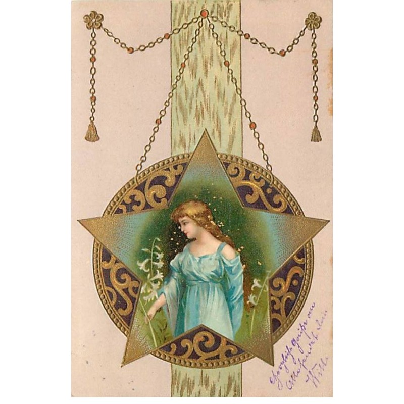 n°23200 - Carte Gaufrée - Clapsaddle - Jeune fille au milieu d'une étoile dans un médailllon