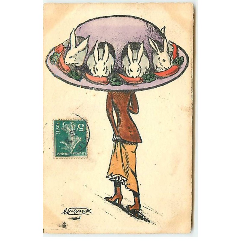 n°23308 - Illustrateur - Molynk - Femme de dos, portant un chapeau avec des lièvres mangeant des carottes