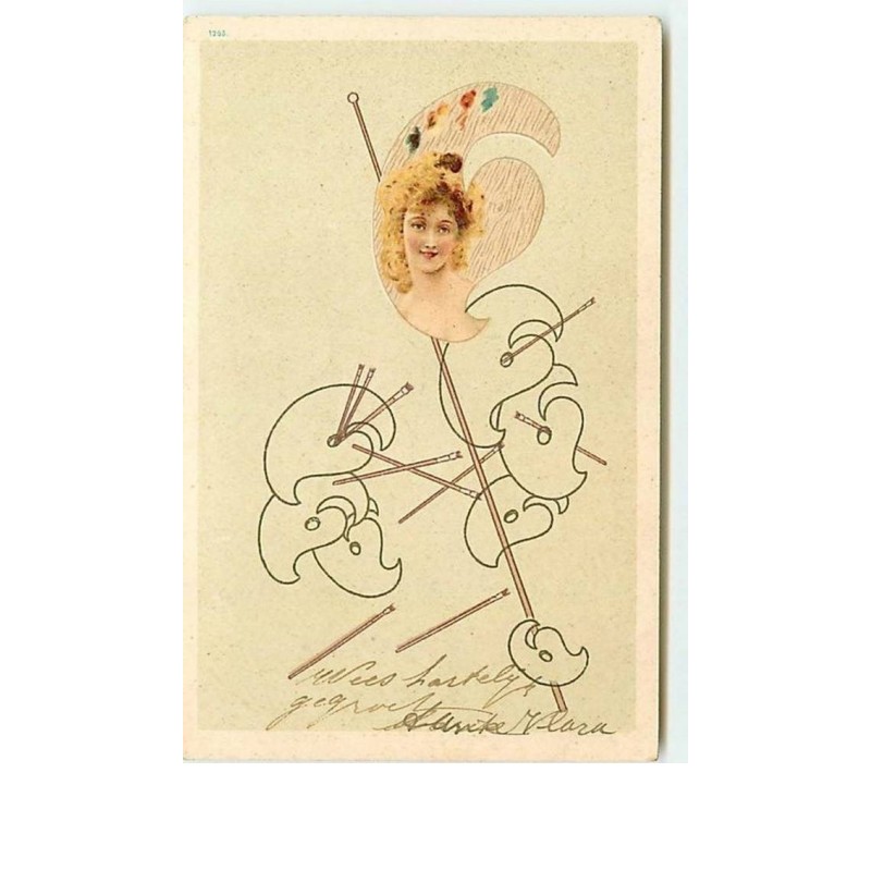 n°11610 - Carte Illustrateur - Femme et Palette de peintre forme originale