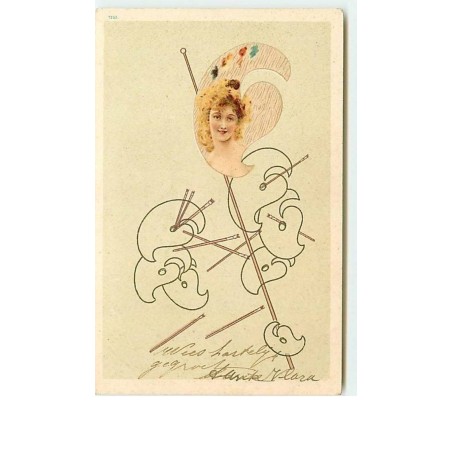 n°11610 - Carte Illustrateur - Femme et Palette de peintre forme originale