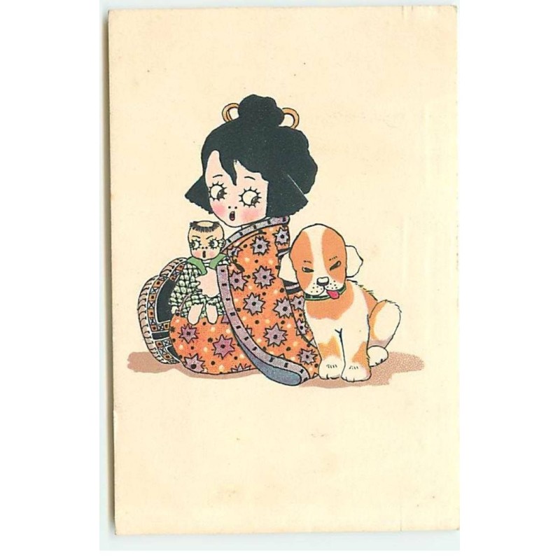 n°23310 - Illustrateur - MM Vienne n°1339 - Fillette en kimono tenant une poupée, près d'un chien