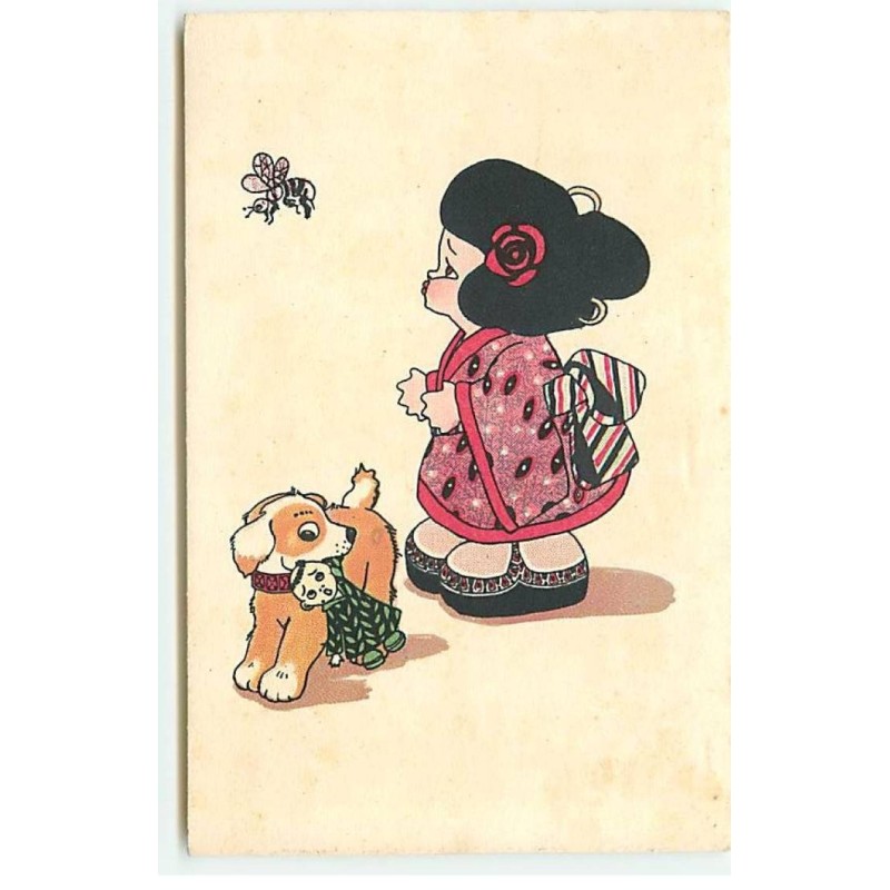 n°23312 - Illustrateur - MM Vienne n°1339 - Fillette en kimono regardant une abeille, un chien portant une poupée