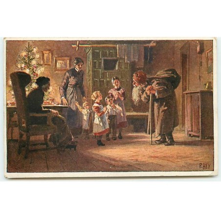 n°23317 - Illustrateur - Paul Hey - Weihnachtskarte n°16 - Une famille accueillant le Père Noël