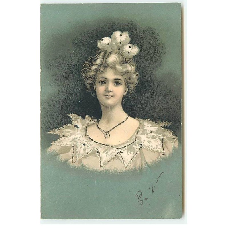 n°23321 - Fantaisie - Clapsaddle - Paillettes - Jeune Femme portant une perle comme collier - n°1
