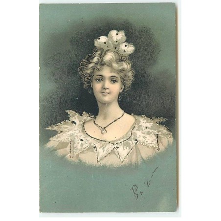 n°23321 - Fantaisie - Clapsaddle - Paillettes - Jeune Femme portant une perle comme collier - n°1