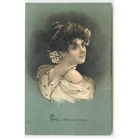 n°23324 - Fantaisie - Clapsaddle - Paillettes - Jeune Femme légèrement de profil avec une rose dans les cheveux - n°4