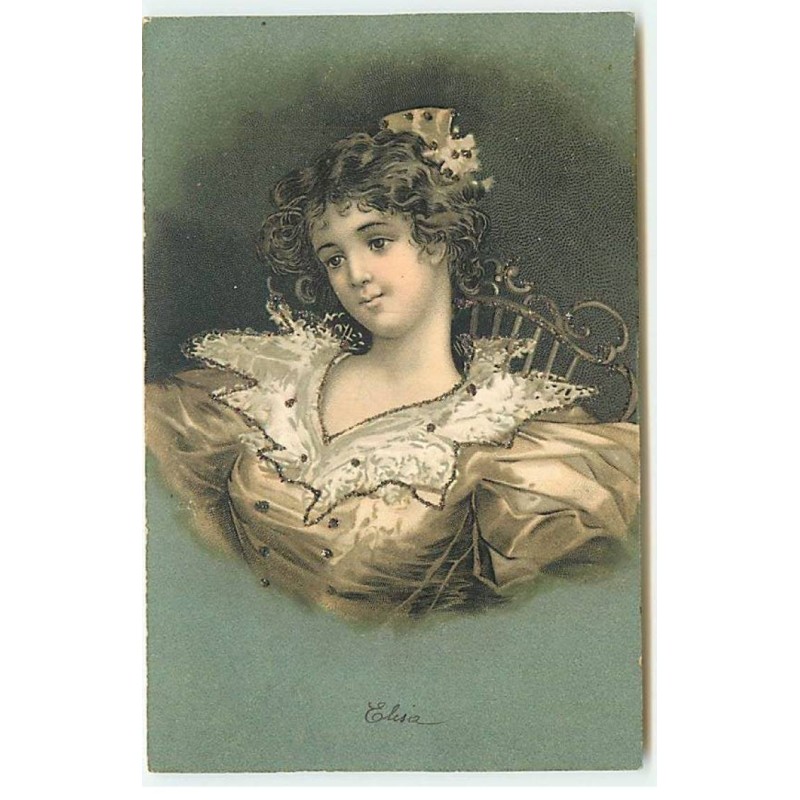 n°23326 - Fantaisie - Clapsaddle - Paillettes - Jeune Femme pensive - n°6