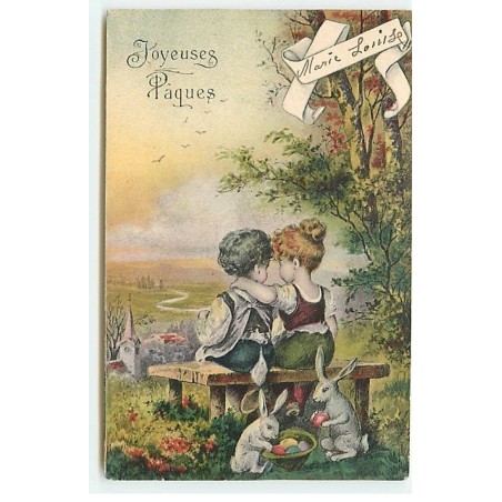 n°23331 - Joyeuses Pâques - Lièvres prenant des oeufs, dans le dos de deux enfants regardant un paysage