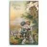 n°23331 - Joyeuses Pâques - Lièvres prenant des oeufs, dans le dos de deux enfants regardant un paysage