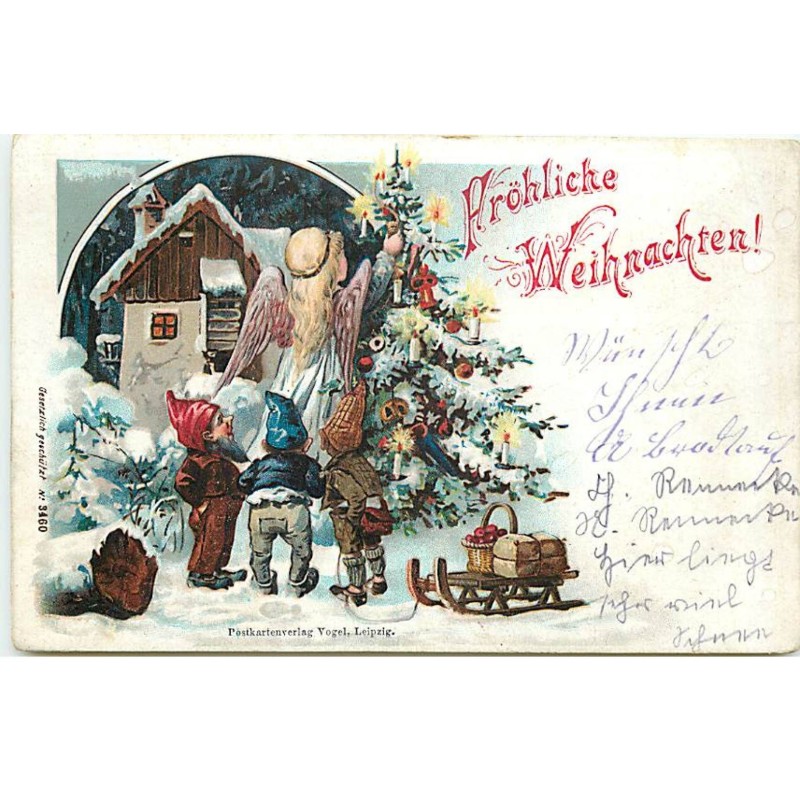 n°23335 - Noël - Fröhliche Weihnachten - Lutins regardant un ange allumant les bougies d'un sapin