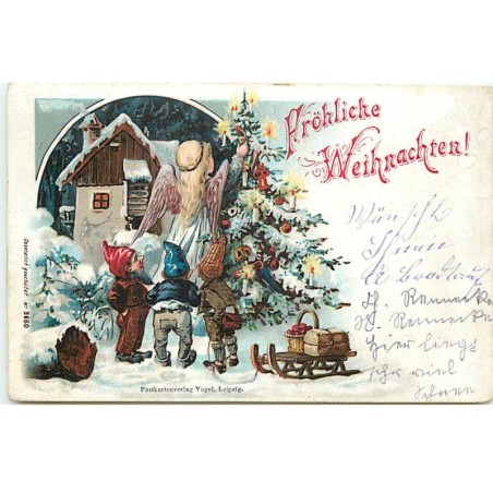 n°23335 - Noël - Fröhliche Weihnachten - Lutins regardant un ange allumant les bougies d'un sapin