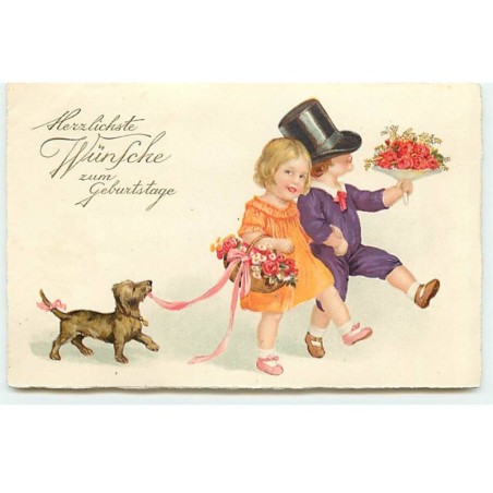 n°23339 - Anniversaire - Herzlichste Wünsche zum Geburtstage - Couple se promenant suivi par un teckel