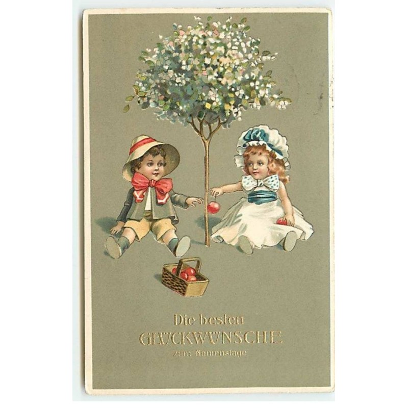 n°23342 - Anniversaire - Un couple d'enfants assis autour d'un arbre