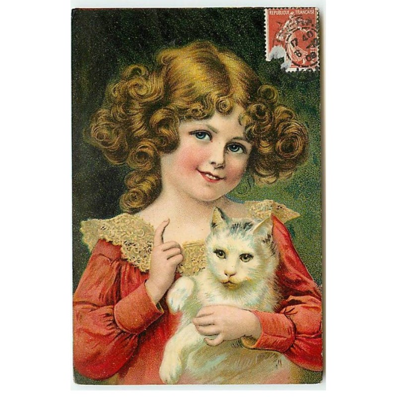 n°23348 - Animaux - Chat - Fillette câlinant un chat