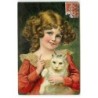 n°23348 - Animaux - Chat - Fillette câlinant un chat