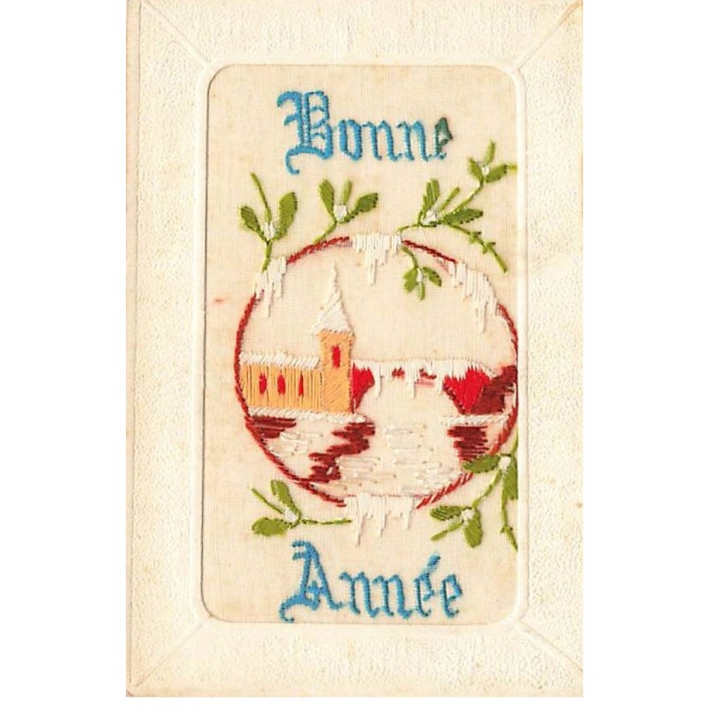 n°23351 - Carte Brodée - Bonne Année - Eglise sous la neige