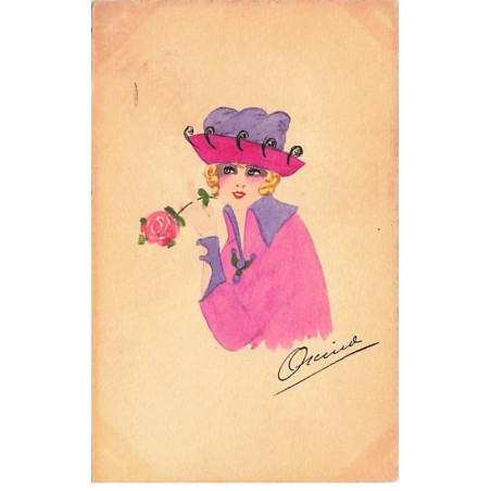 n°23360 - Carte peinte à la main - Jeune femme tenant une rose