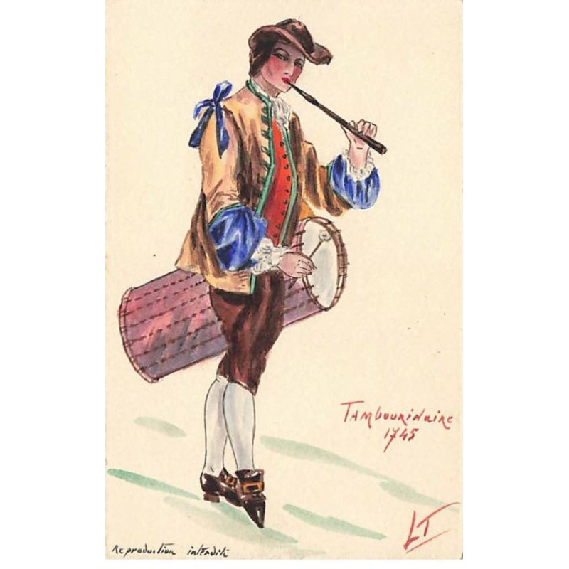 n°23361 - Carte peinte à la main - Jeune homme jouant du tambour - Tambourinaire 1745