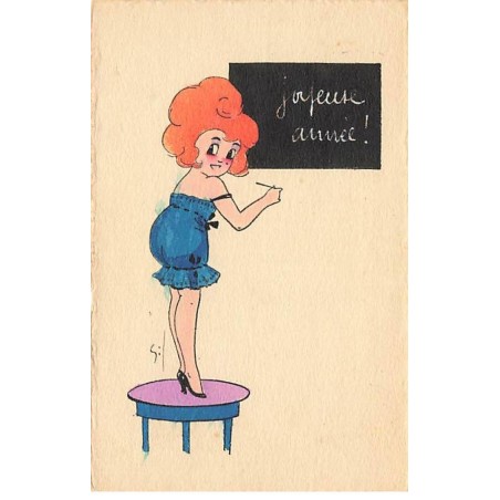 n°23367 - Nouvel An - Joyeuse Année - Pin-up écrivant sur un tableau noir - Carte peinte à la main