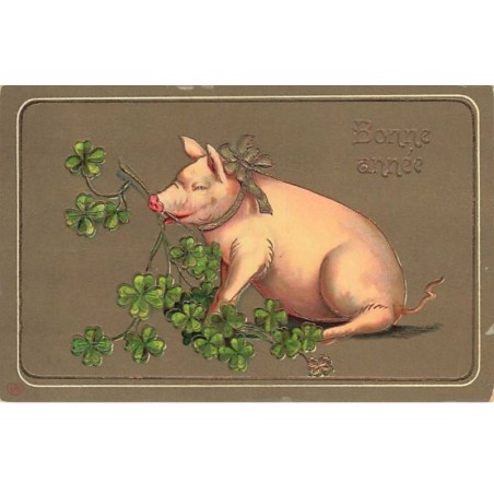 n°23368 - Carte Gaufrée - Bonne Année - Cochon mangeant des trèfles