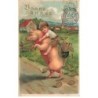 n°23369 - Carte Gaufrée - Bonne Année - Garçon sur le dos d'un cochon avec un sac rempli de pièces d'or