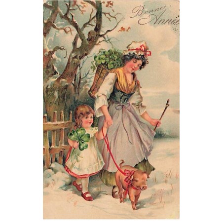 n°23370 - Carte Gaufrée - 7101 - Bonne Année - Une femme et une fillette se promenant avec un cochon