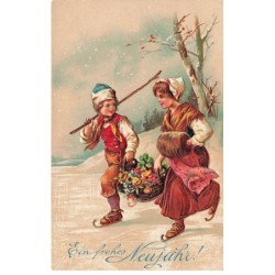 n°23375 - Carte Gaufrée - Nouvel An - Couple tenant un panier rempli de fleurs, sur un lac gelé