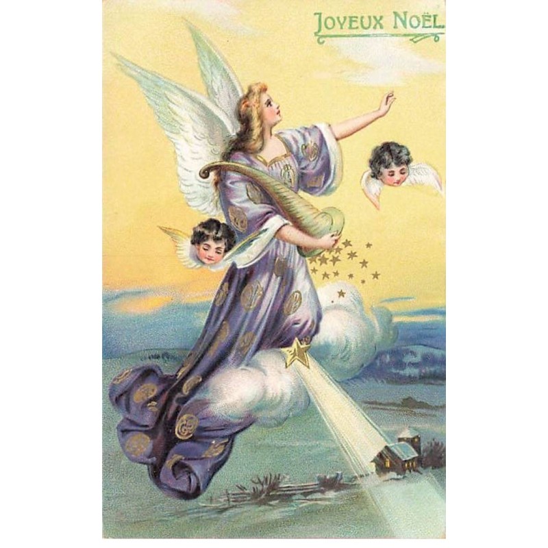 n°23380 - Carte Gaufrée - Joyeux Noël - Ange gardien veillant sur une église