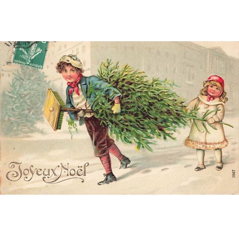 n°23381 - Carte Gaufrée - 1047 -  Joyeux Noël - Couple d'enfant portant un sapin