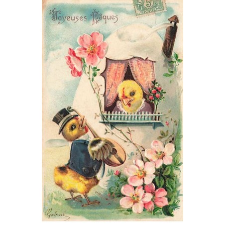 n°23389 - Carte Gaufrée - Heureuses Pâques - Poussins, l'un jouant la sérénade à un autre