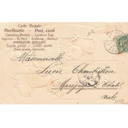 n°23389 - Carte Gaufrée - Heureuses Pâques - Poussins, l'un jouant la sérénade à un autre
