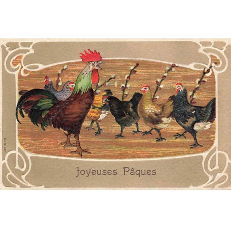 n°23390 - Carte Gaufrée - Joyeuses Pâques - Un coq avec des poules