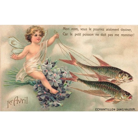 n°23392 - Carte Gaufrée - Clapsaddle - 1er Avril - Ange assis sur des violettes, tiré par des poissons
