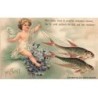 n°23392 - Carte Gaufrée - Clapsaddle - 1er Avril - Ange assis sur des violettes, tiré par des poissons