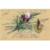 n°23393 - Carte Celluloïd - 1er Avril - Fleurs, canne à pêche, et un poisson dans une épuisette