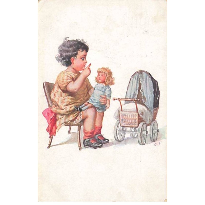 n°23395 - Fantaisie - WF - Fillette jouant avec une poupée, près du landau de sa poupée